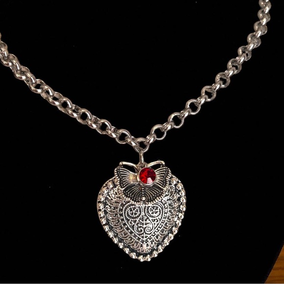 Beautiful Silver Toned Heart Necklace with Butterfly and Red Gem Charm 16.5” - Picture 8 of 17